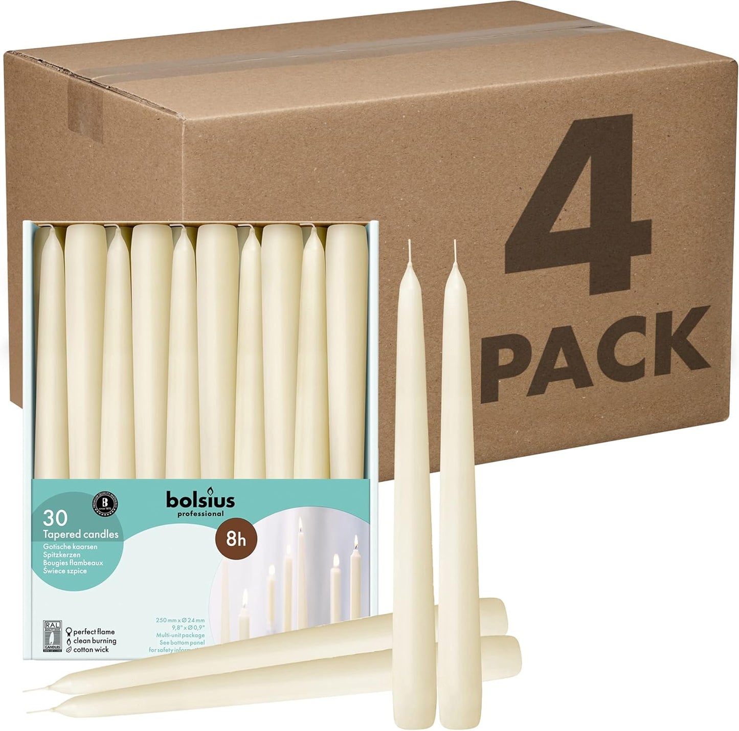 BOLSIUS Ivory Taper Candles - Premium Quality Dripless Set