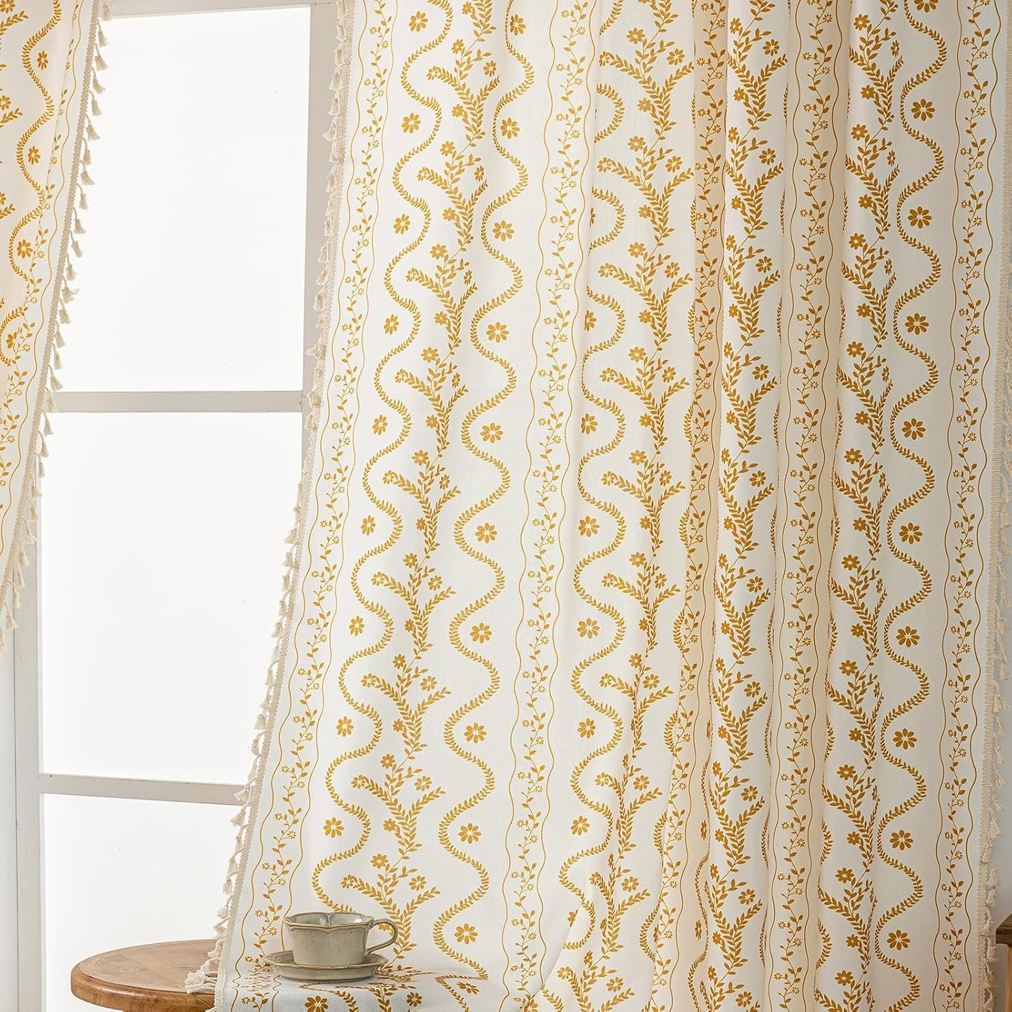 Floral Curtains 63 Inch Long Golden Yellow Vine Patterned Drapes