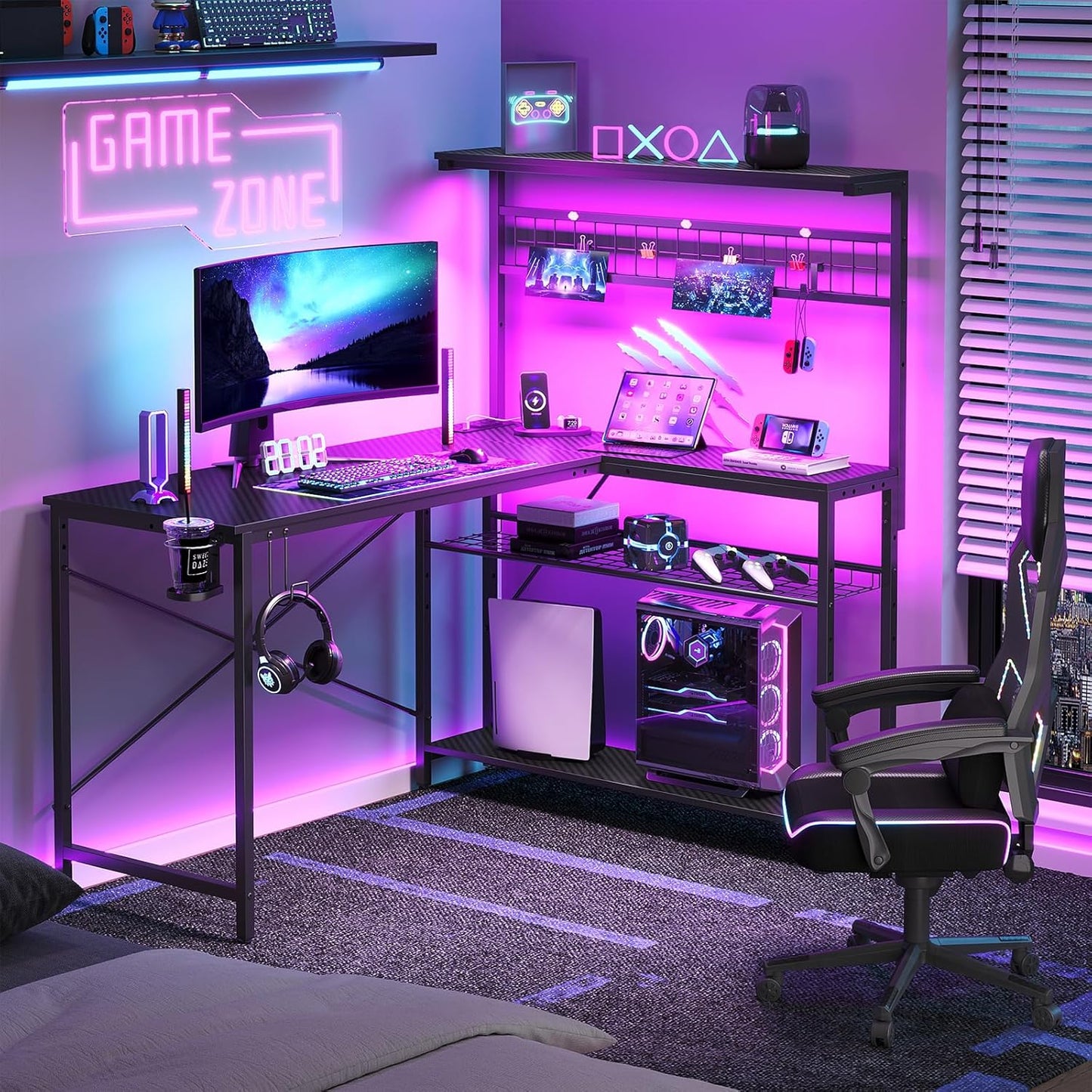 Bestier L-Shaped Gaming Desk with Power Outlets & LED Lights