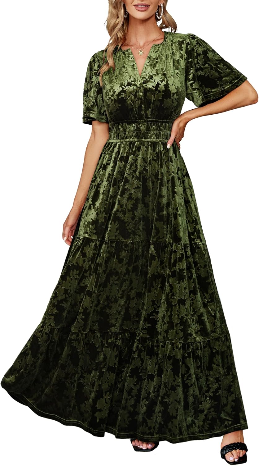 Elegant Amegoya Women's Velvet V Neck Maxi Dress for Parties