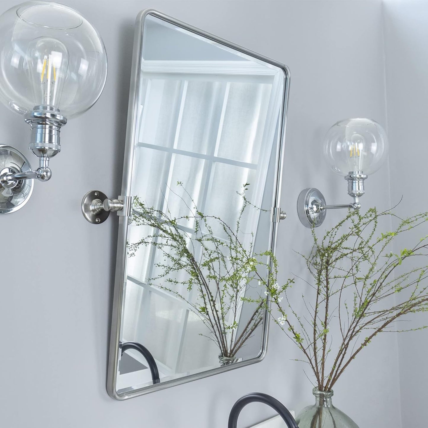 Farmhouse Pivot Rectangle Bathroom Mirror with Brushed Nickel Frame