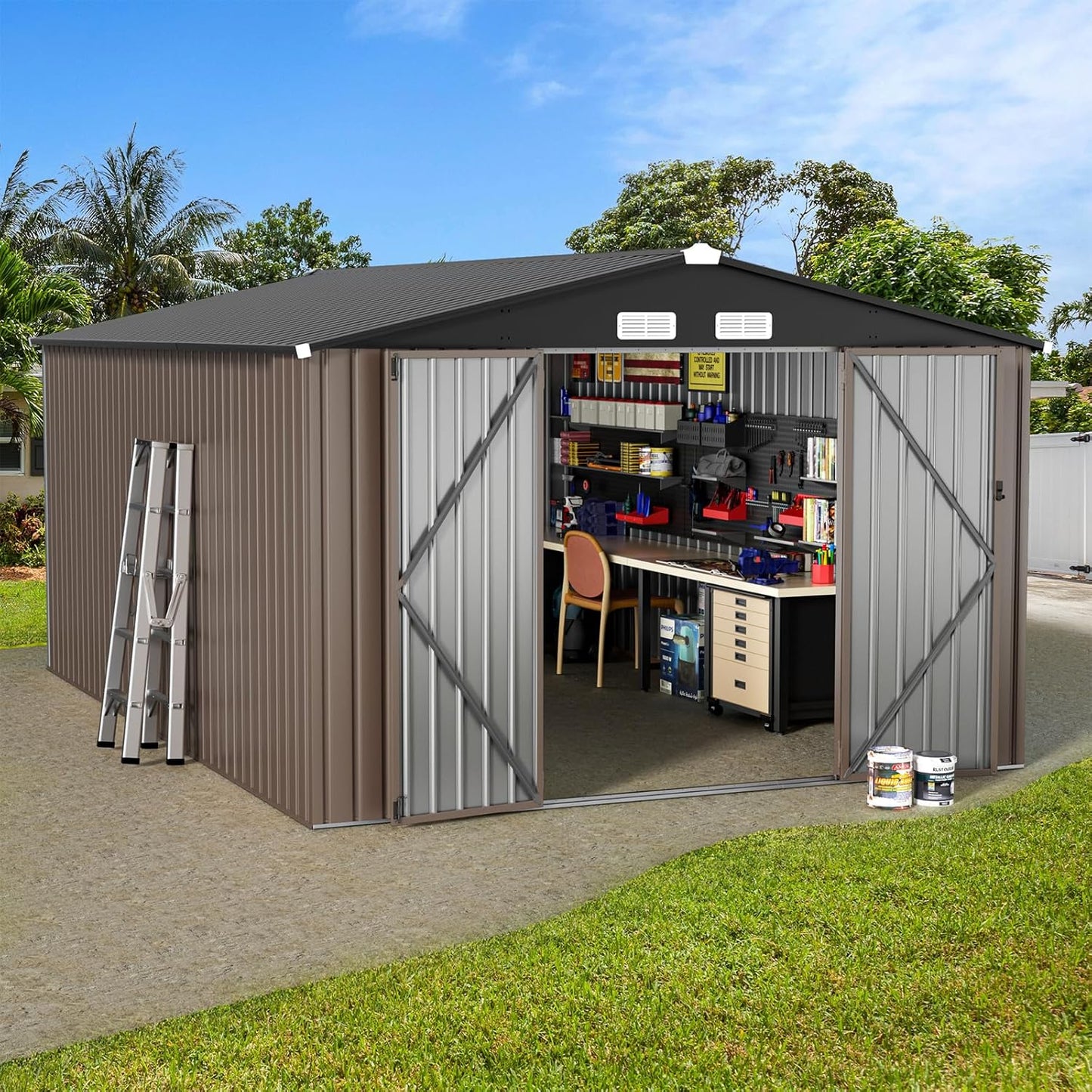 GVDV 10x14 FT Outdoor Metal Storage Shed for All-Weather Use