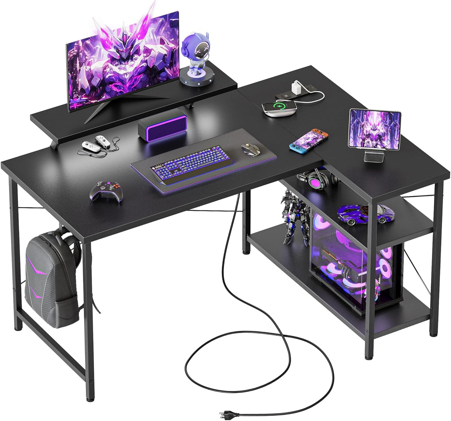 L Shaped Computer Desk with Power Outlets for Small Spaces