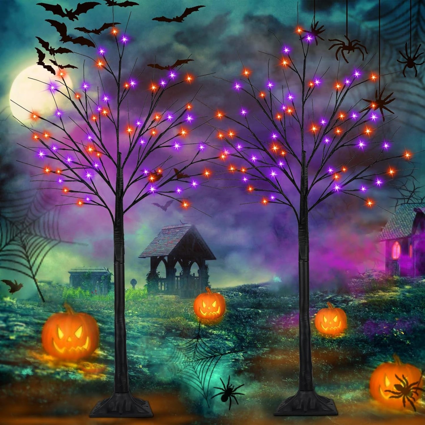 2-Pack 6FT Lighted Black Halloween Tree with 288 LED Lights