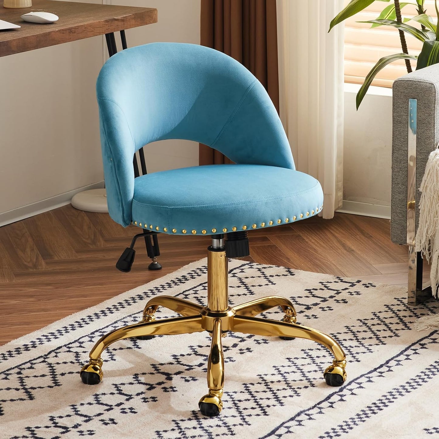VINGLI Modern Velvet Small Office Chair with Gold Base and Wheels