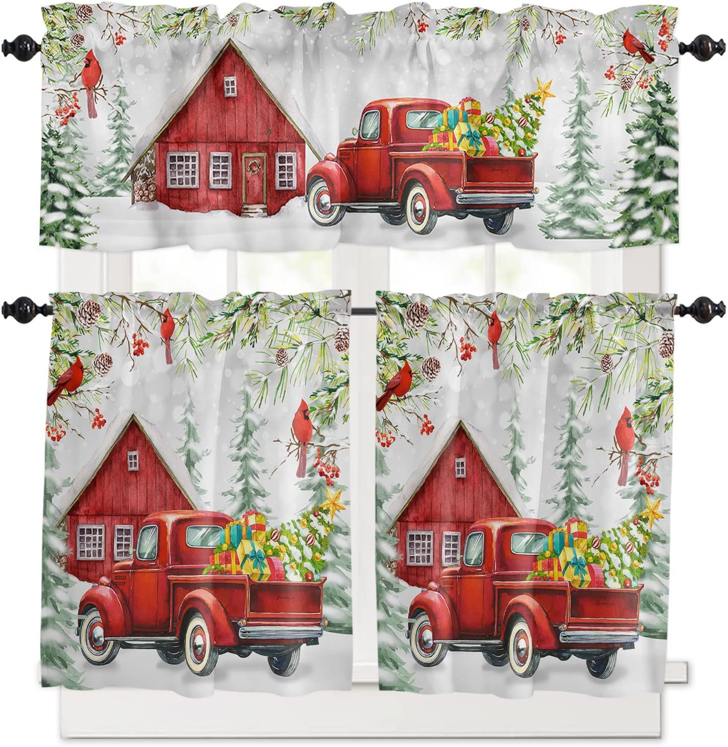 Merry Christmas Red Truck Kitchen Curtains Set by Zadaling
