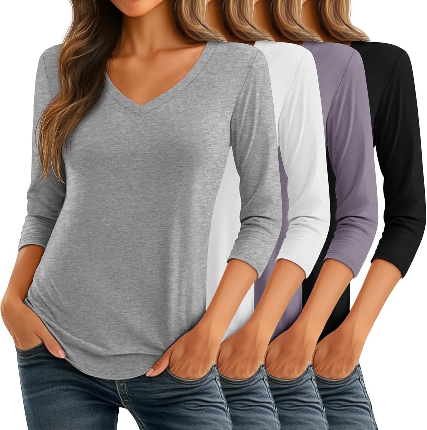 Ficerd Women's 3/4 Sleeve V Neck Casual Tunic Tops - 4 Pack