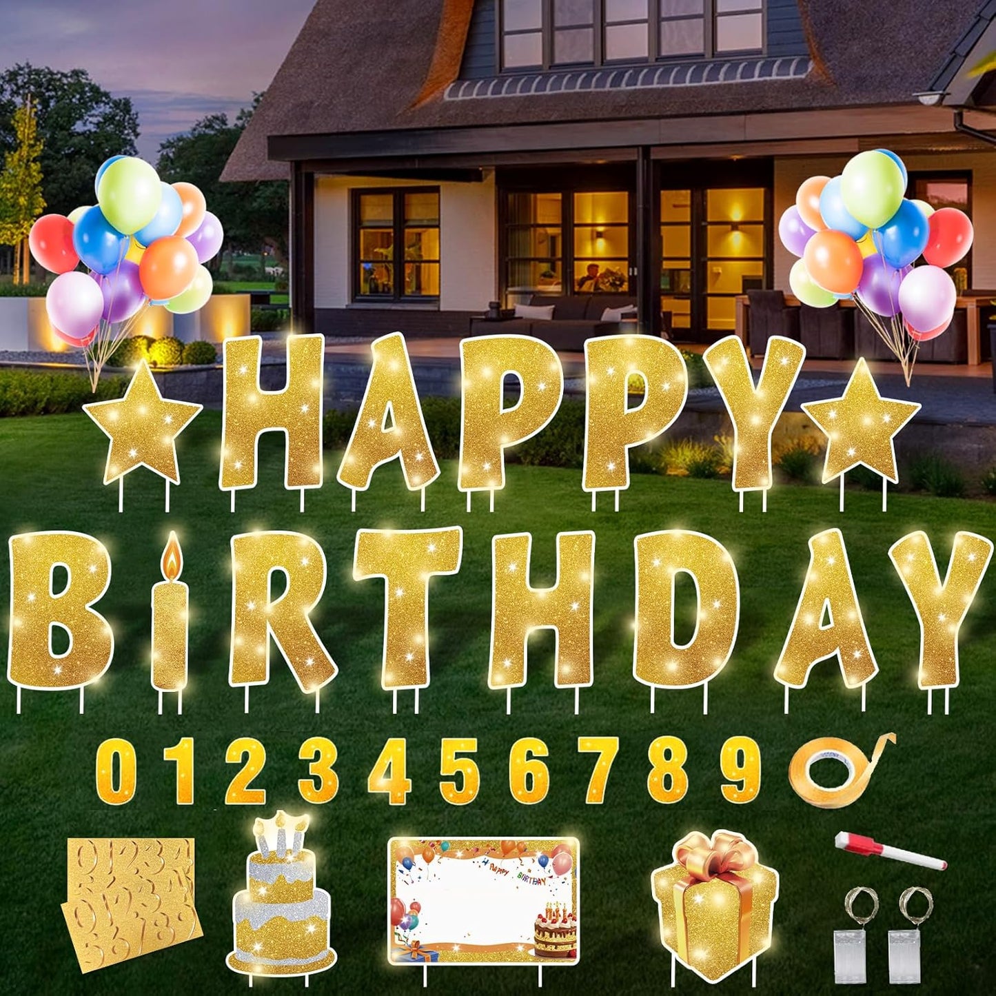 18 Pcs Happy Birthday Yard Sign Set with LED Lights for Parties