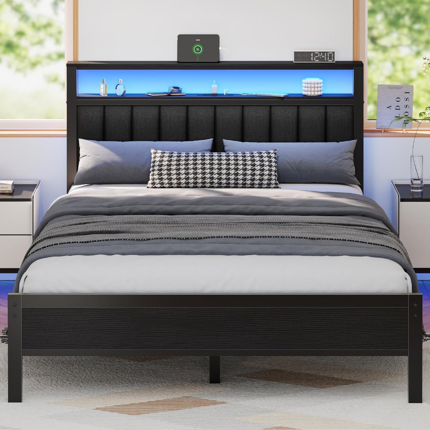 Furnulem Queen Size Bed Frame with LED Lights and Charging Station