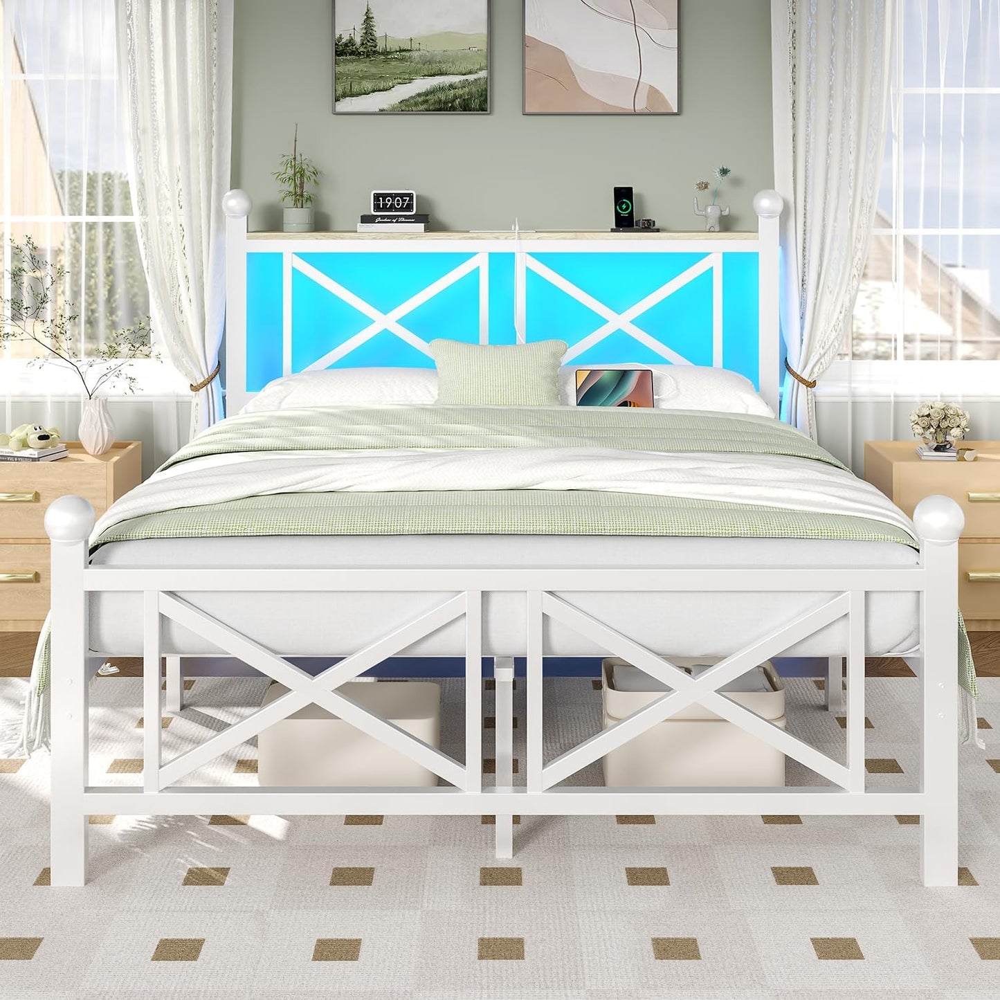 Full White Bed Frame with RGB LED Lights and Storage Shelf