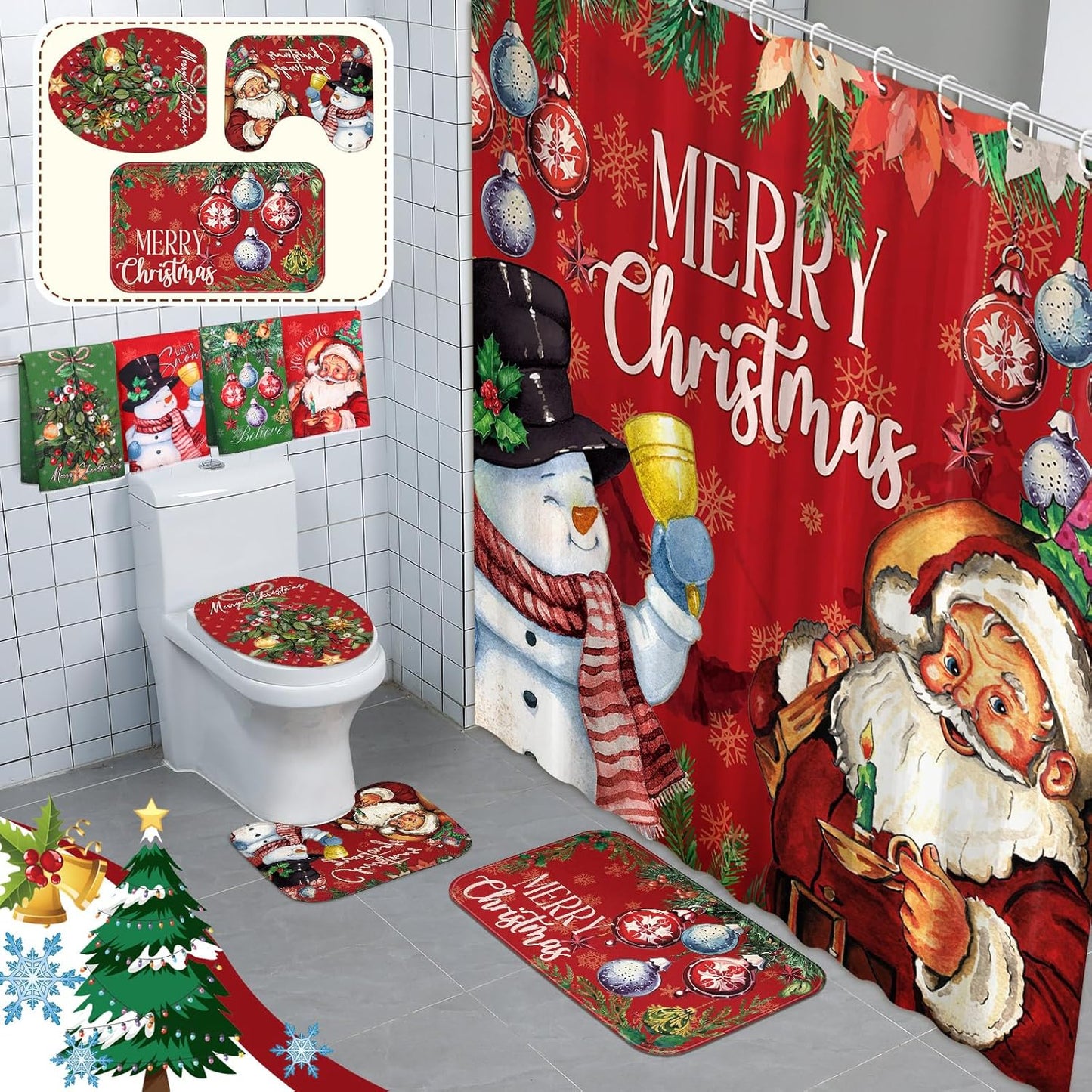 8 Pcs Christmas Shower Curtain Set for Festive Bathroom Decor