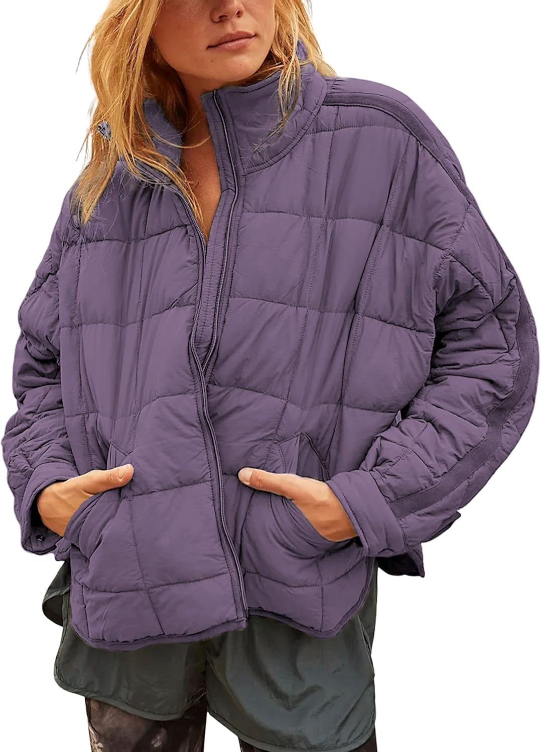 Lightweight Short Zip Up Puffer Jacket for Women with Pockets