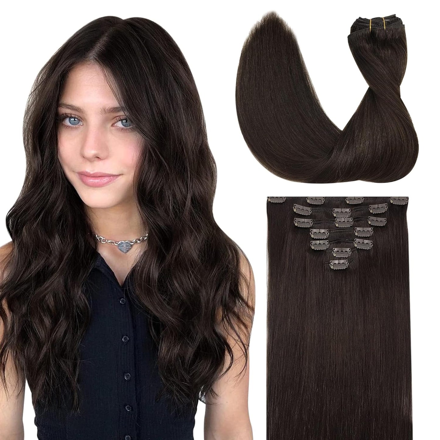 Clip in Hair Extensions Real Human Hair 22in Light Brown