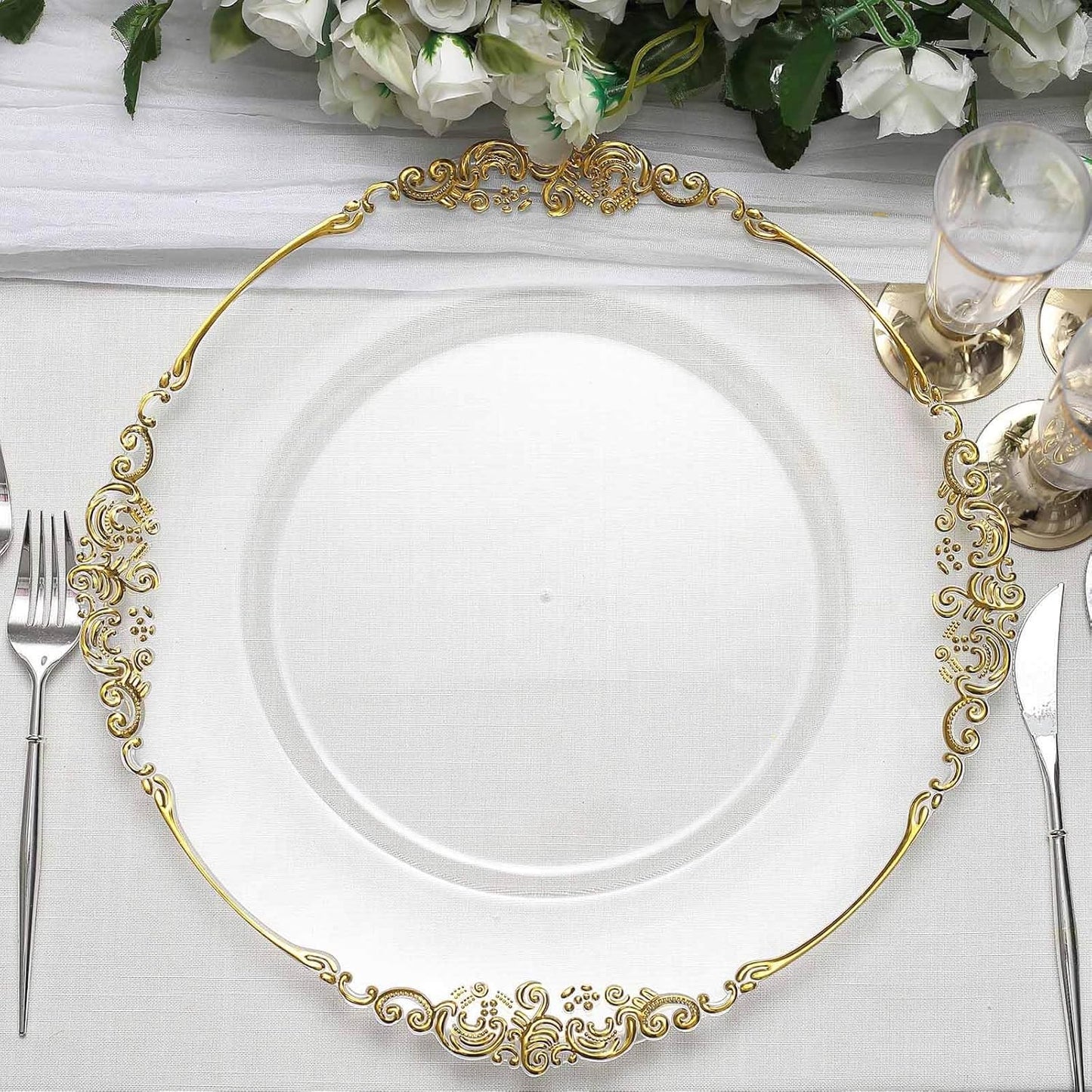 Baroque Leaf Embossed Clear Gold Charger Plates - Set of 12 - Ideal for Events