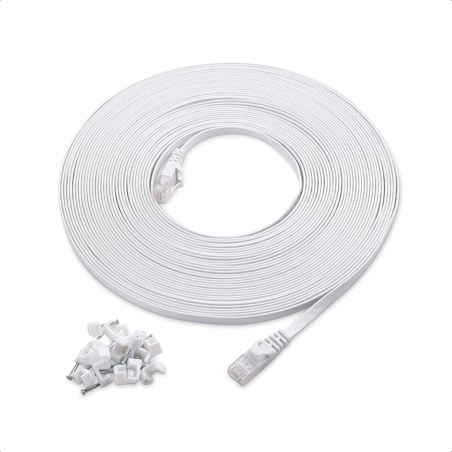 Long 50ft White Cat6 Ethernet Cable + Clips