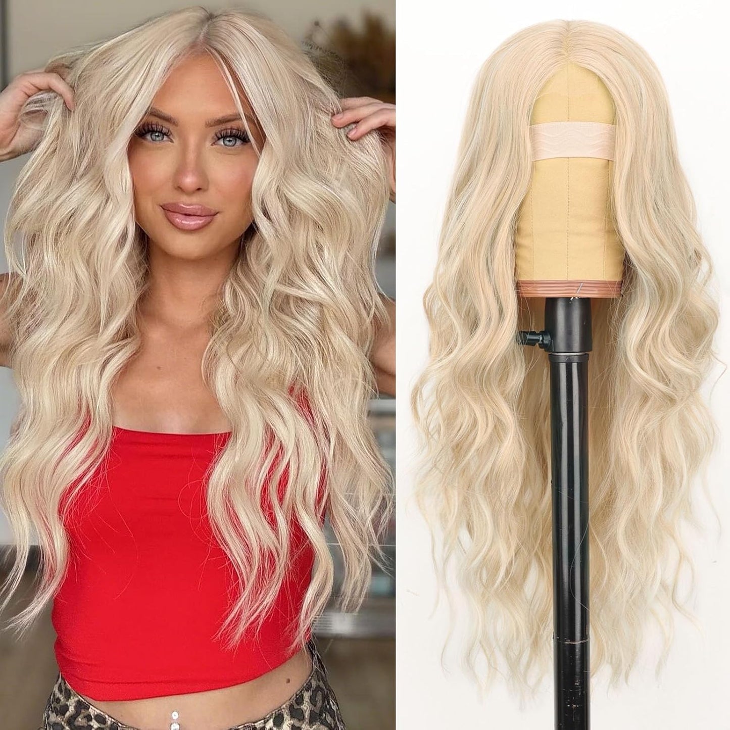 Platinum Blonde Highlight Wig for Women - Long Wavy Style