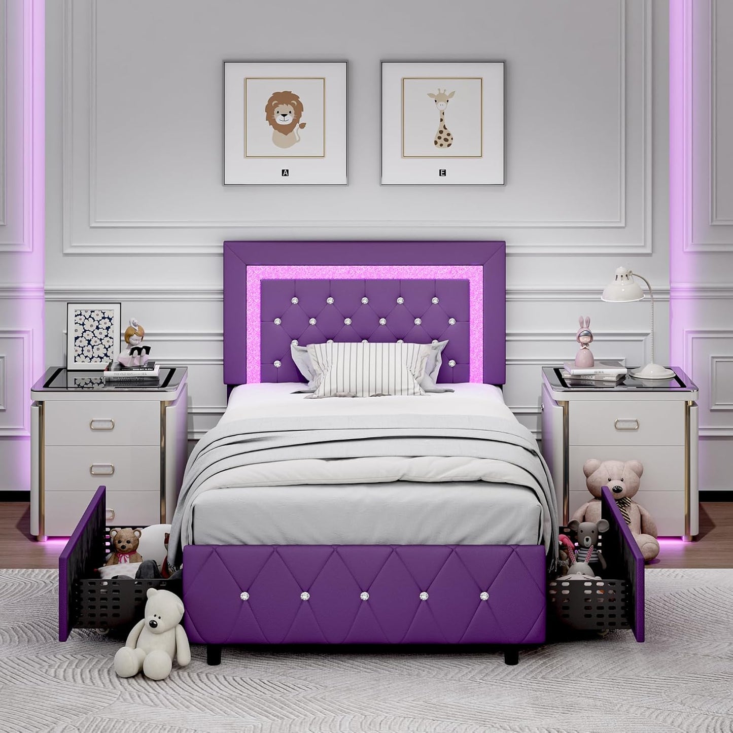 Twin Bed Frames with Storage Drawers and LED Lights for Kids