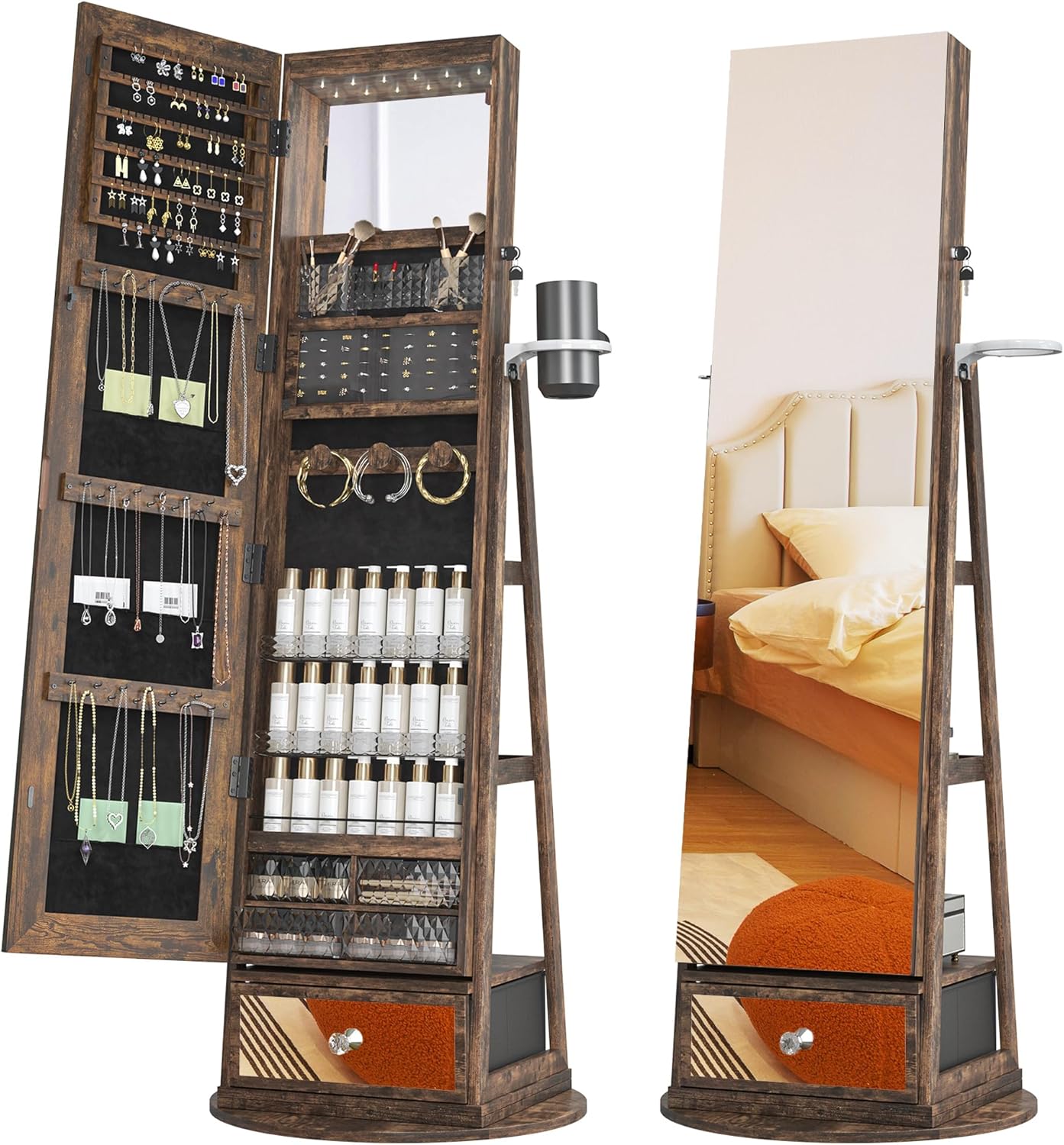 Mirror Jewelry Cabinet with LED Lights and 360 Swivel Design