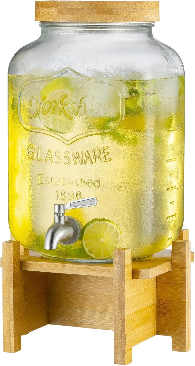 2 Gallon Glass Beverage Dispenser with Wood Stand and Lid