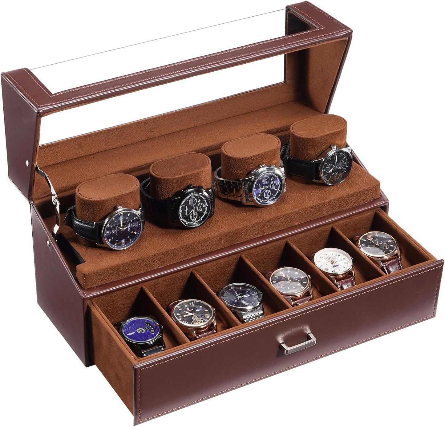 10-Slot Watch Organizer with Drawer - Stylish Espresso Design