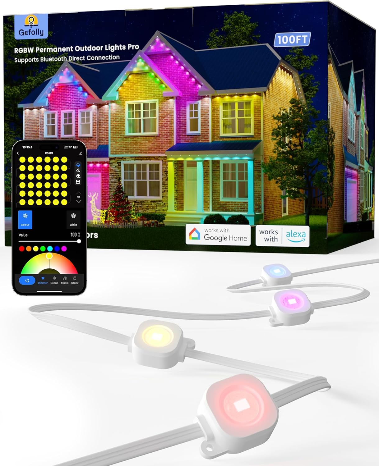 Gefolly Permanent Outdoor Lights Pro: 100ft RGBW Double-LED