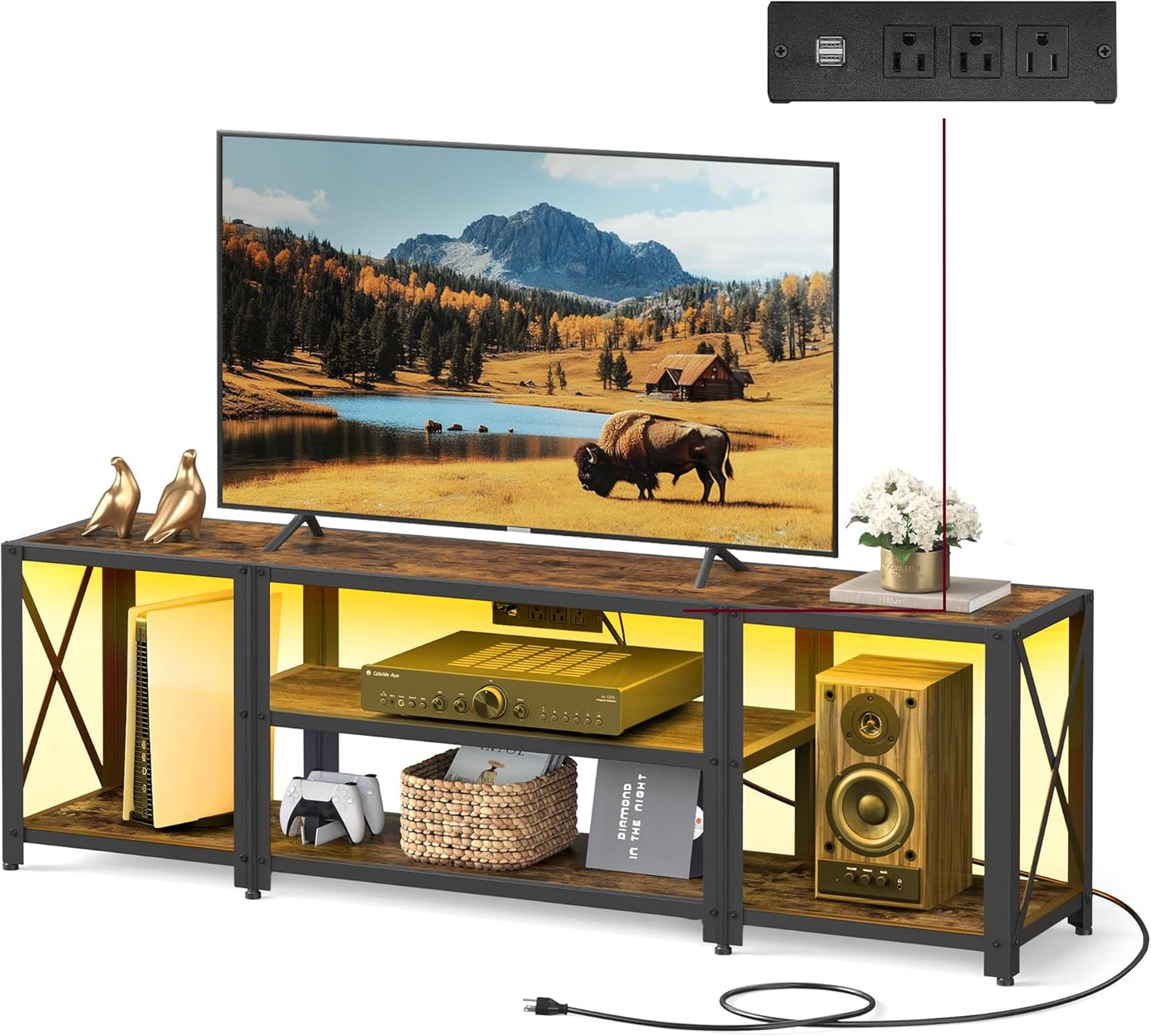 VASAGLE TV Stand w/ Power Outlets & LED Lights - Organize & Illuminate TVs up to 60!