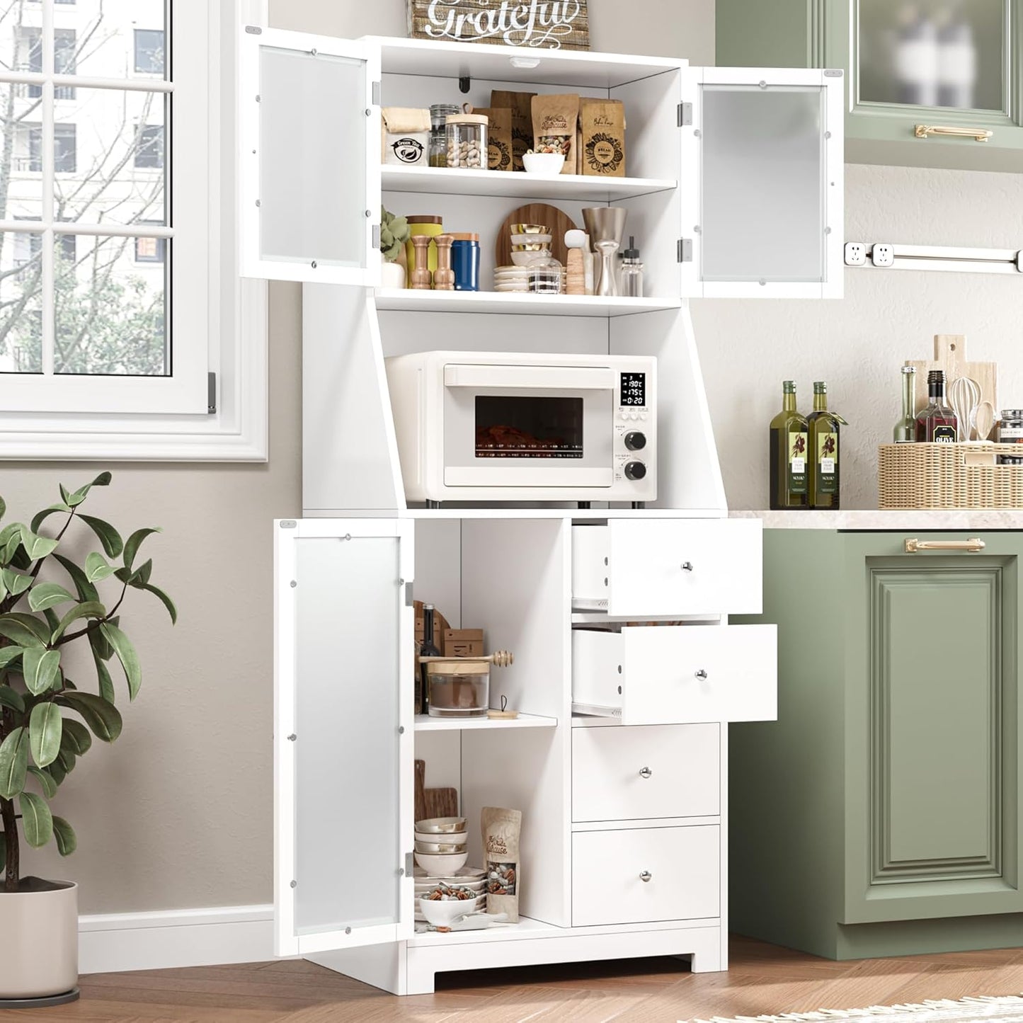 Adjustable Shelves Kitchen Hutch - Space-Saving Storage for Home - White