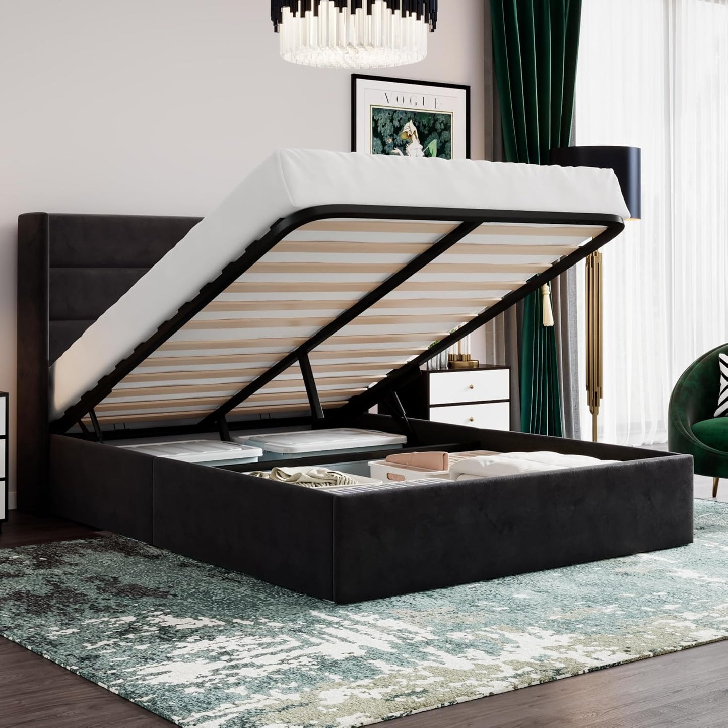 Queen Size Lift Up Storage Bed with Modern Wingback Headboard