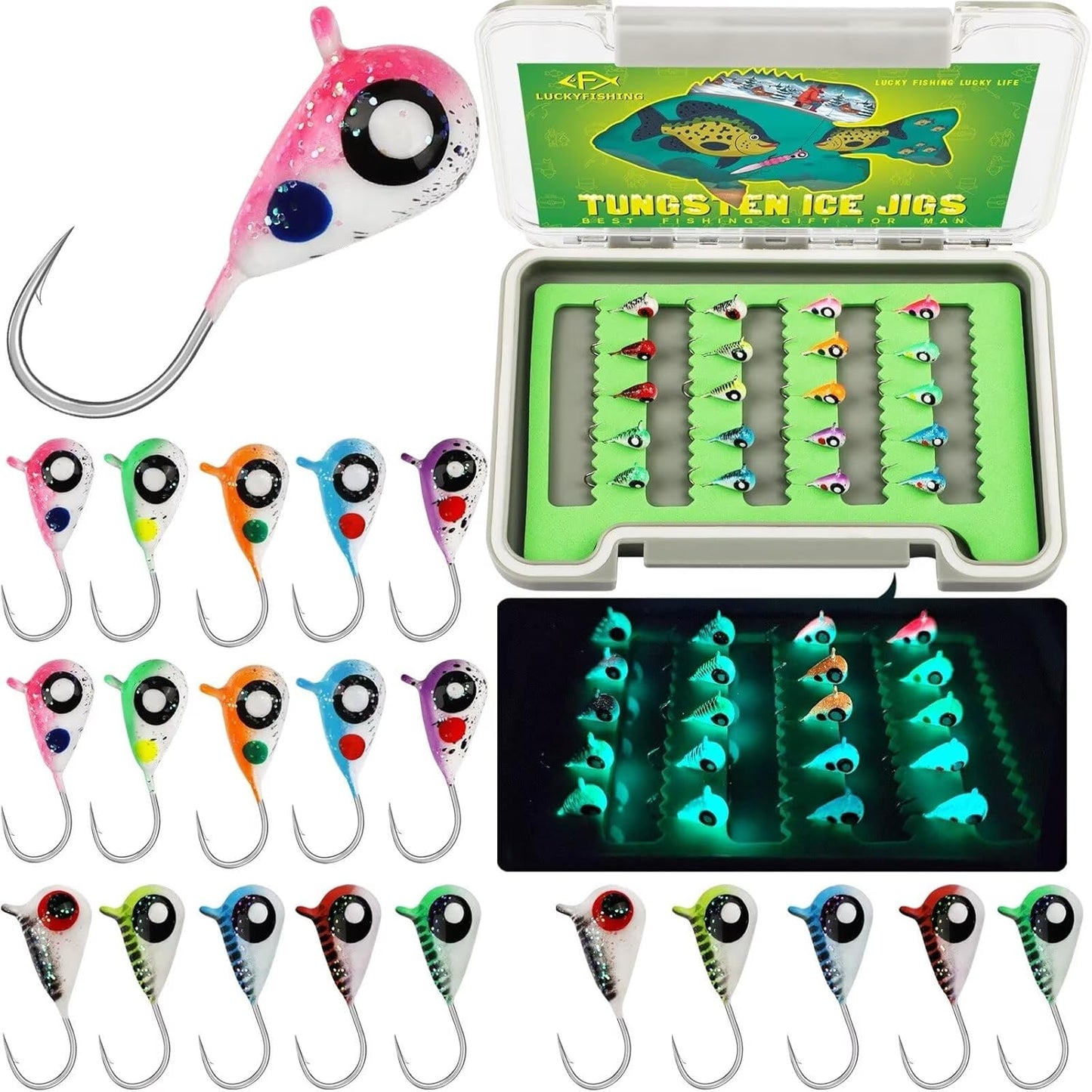 LUCKYFISHING Glow Tungsten Ice Jigs 20/60pcs - Brighten Your Ice Fishing Experience!