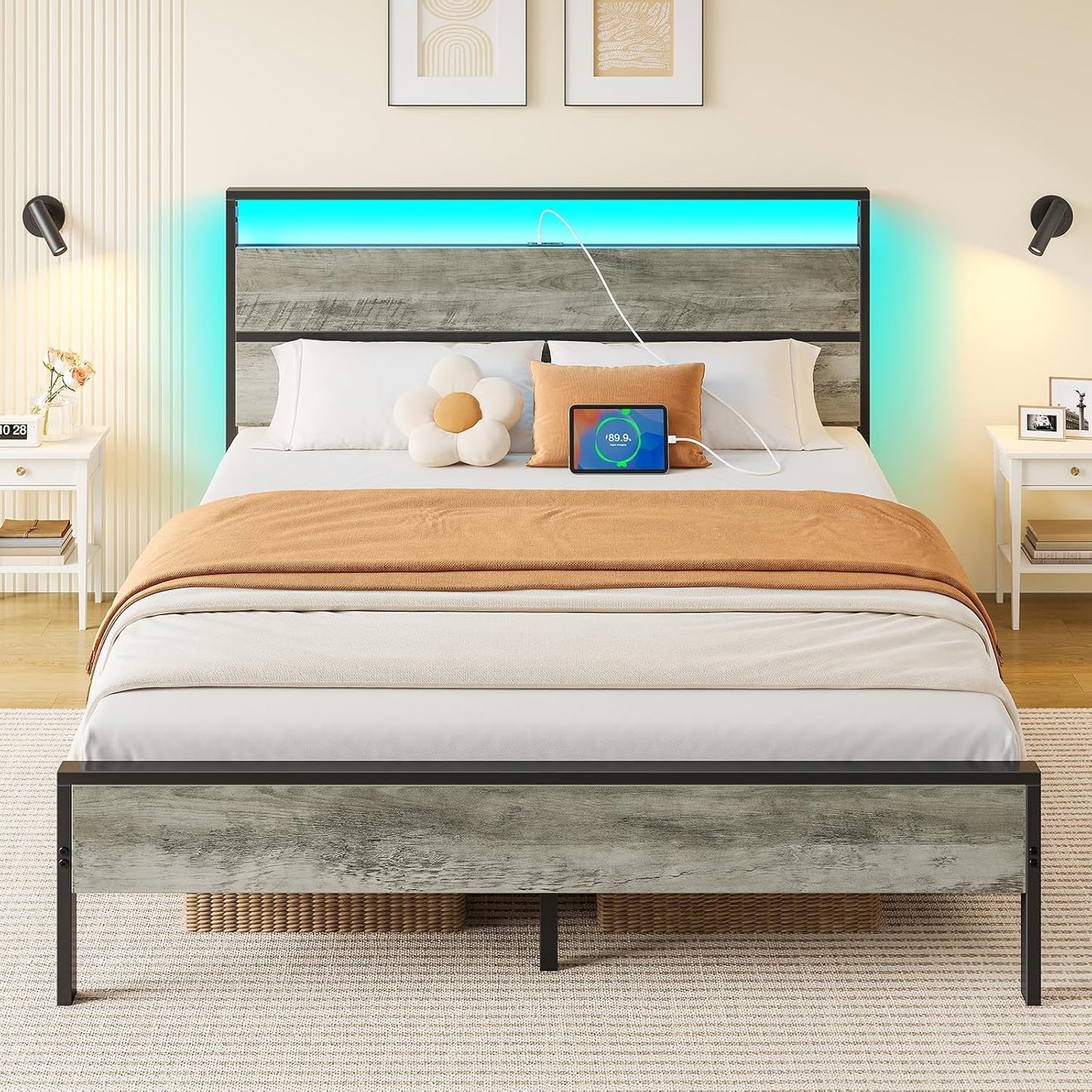 Rolanstar Queen Bed Frame with LED Lights and Charging Station