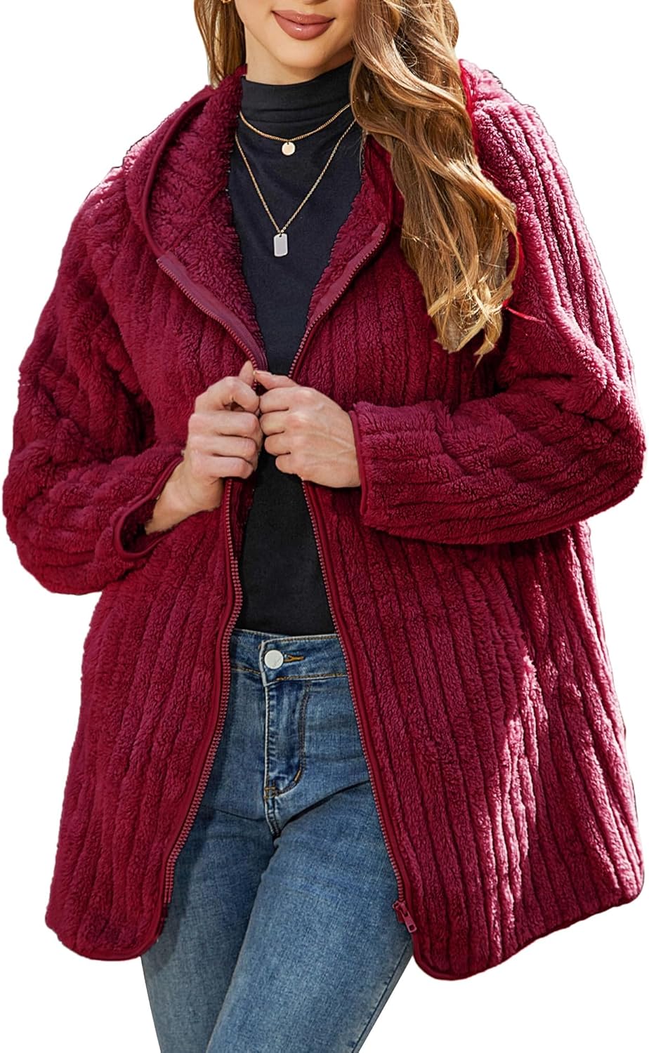 Womens Fleece Jacket Hooded Winter Warm Full Zip Long Sleeve