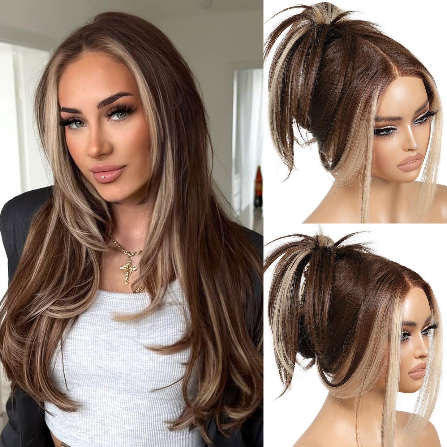 Glueless Wig Wear and Go Brown Wig with Highlight Bangs 26 Inch