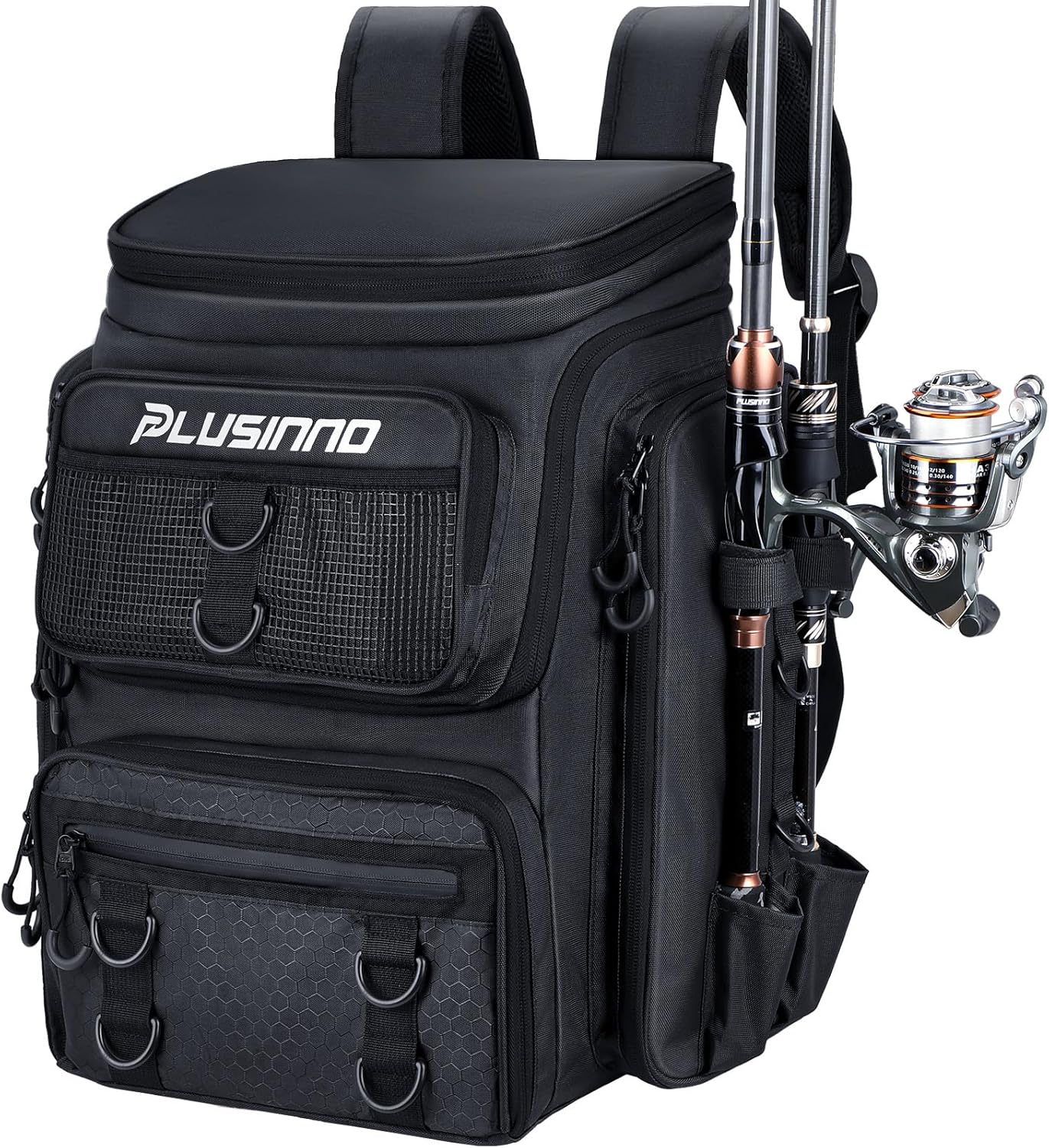 PLUSINNO Fishing Backpack with Rod Holders for Tackle Storage
