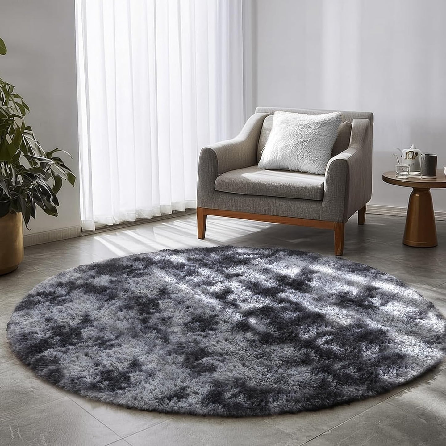 Tie-Dyed Dark Grey Round Area Rug 5Ft for Living Room Bedroom