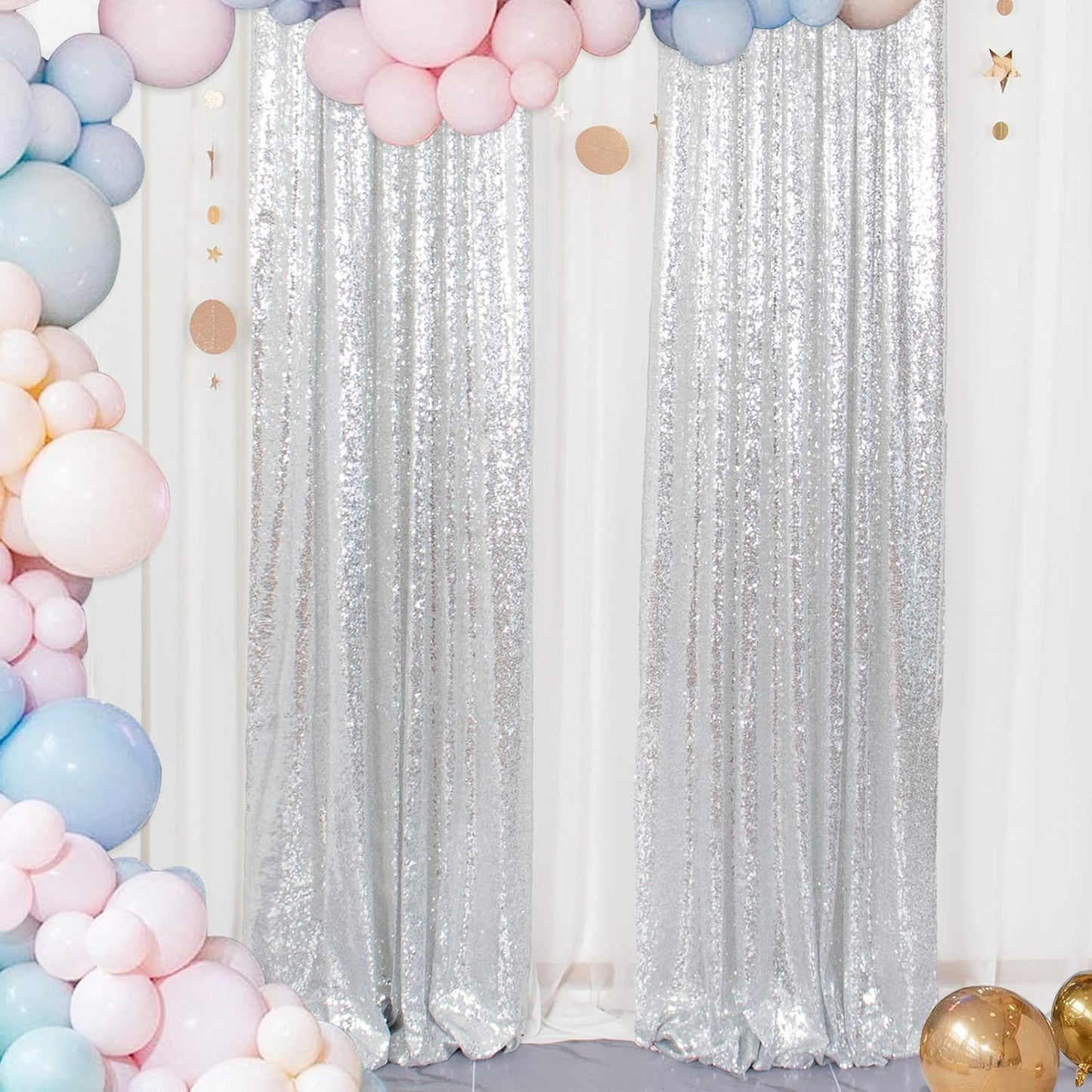 ShinyBeauty Silver Sequin Curtain Backdrop for Stunning Events