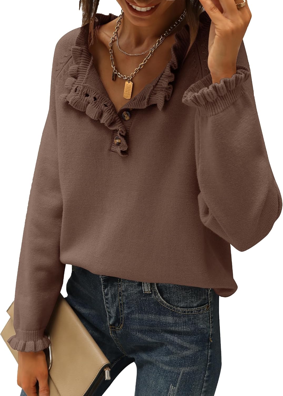 BTFBM Womens Sweaters Long Sleeve Ruffle Crew Neck Pullover