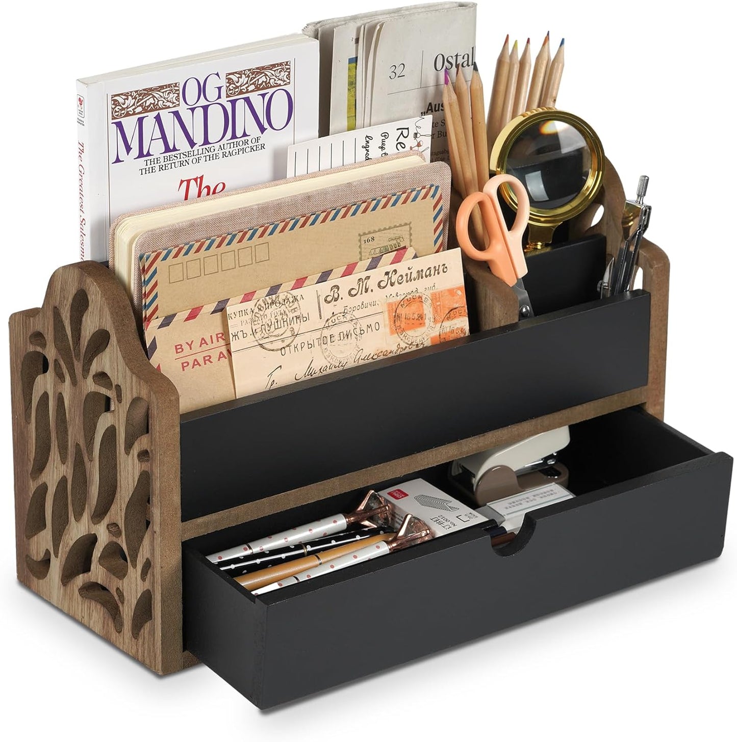 Wood Desk Organizer - 5 Slot Drawer | Tabletop Storage