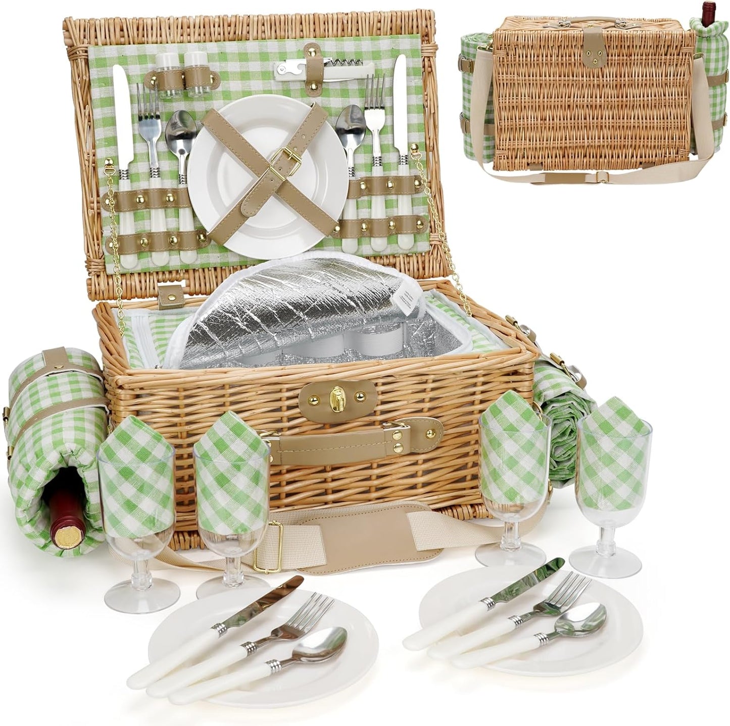 Insulated Picnic Basket for 4 with Waterproof Blanket and Strap