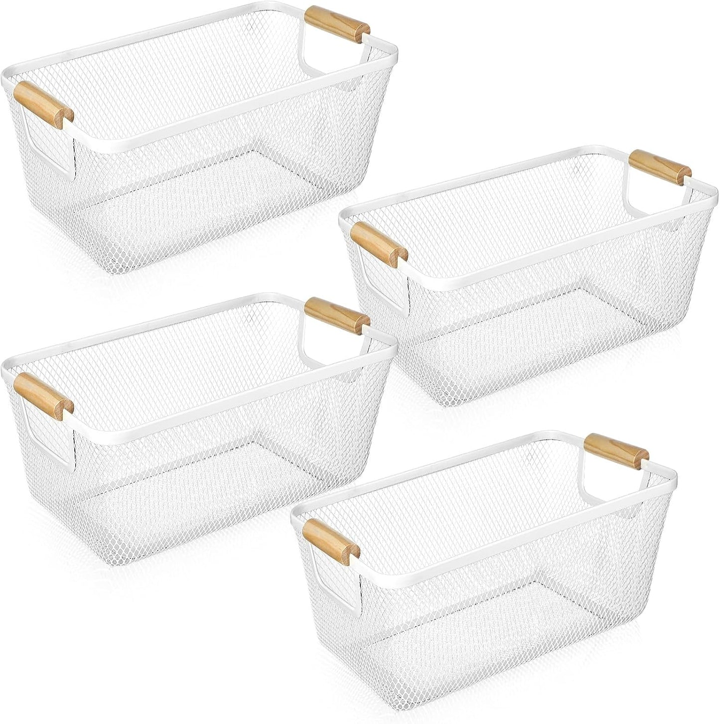 4 Pcs Metal Wire Basket with Wooden Handles for Home Organizing