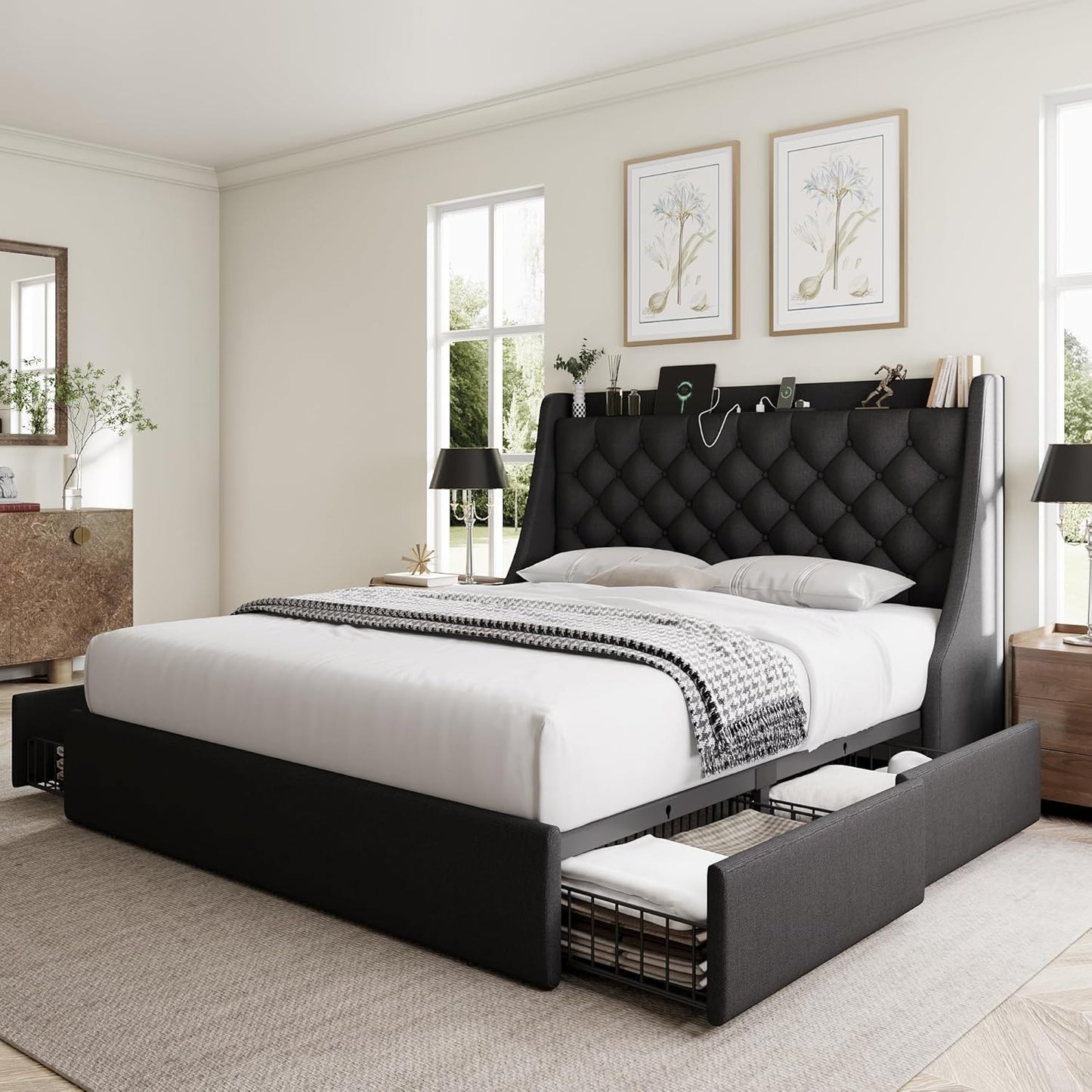 Queen Bed Frame with 4 Storage Drawers and Wingback Headboard