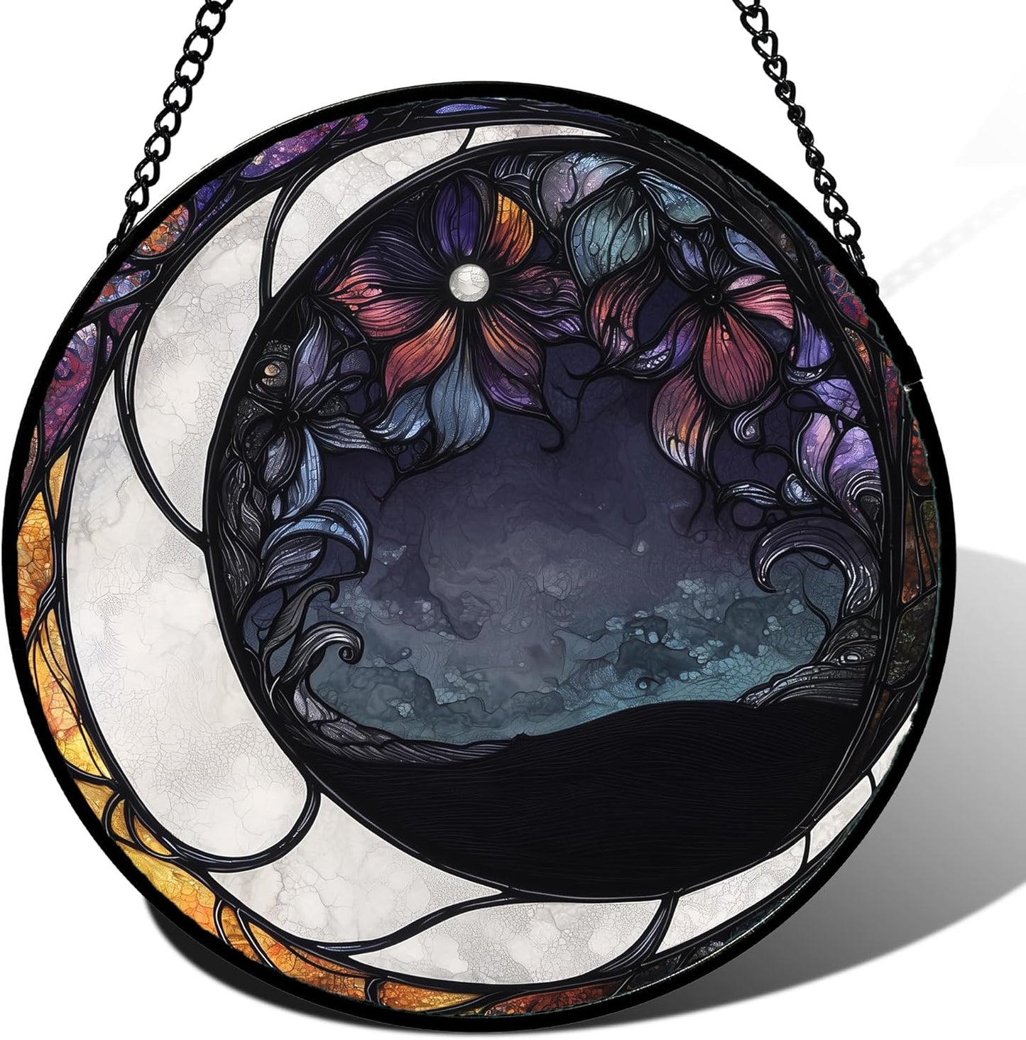 Stained Glass Window Hanging - Black and White Moon Suncatcher