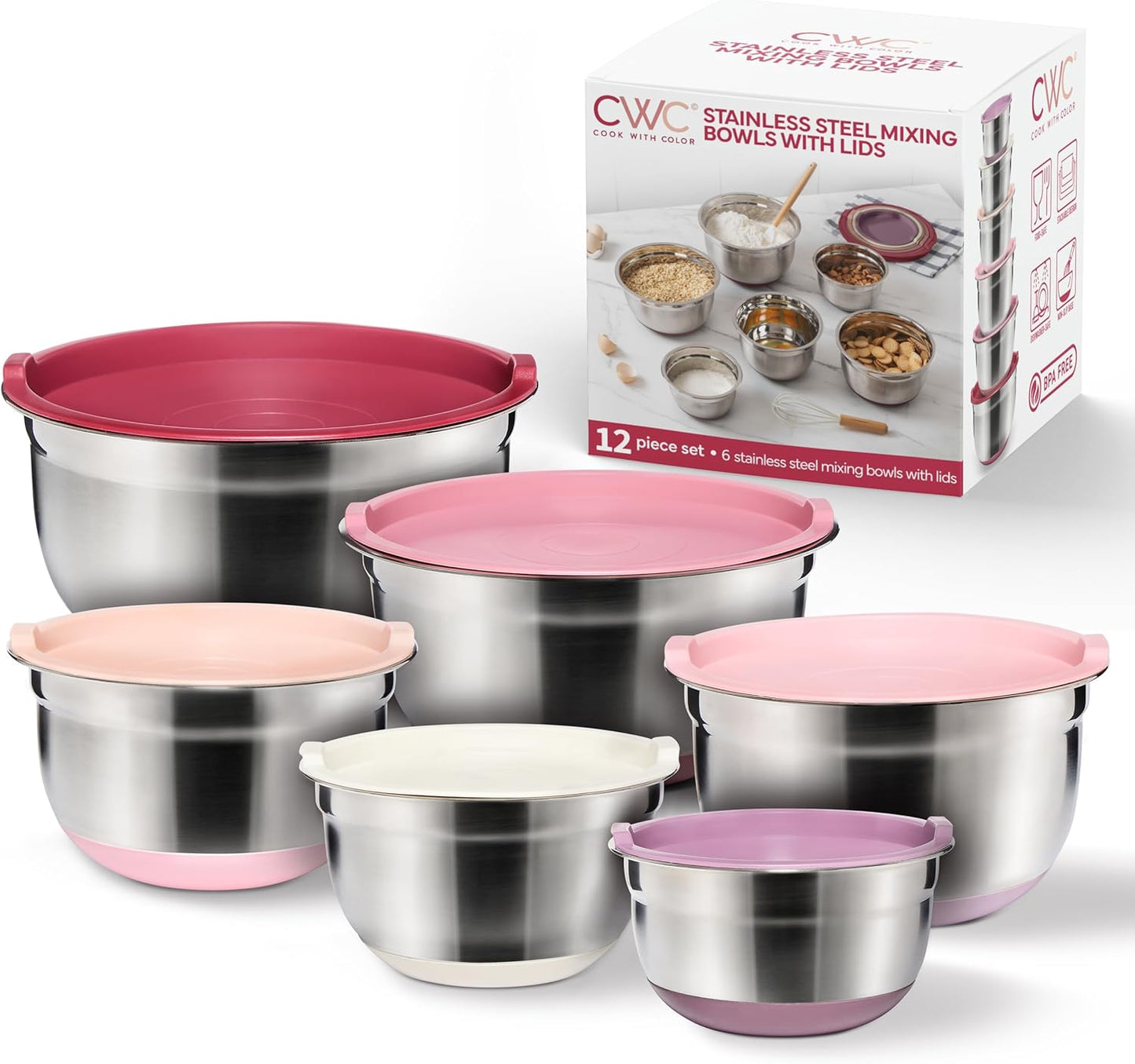 Stainless Steel Mixing Bowls Set with Lids - 12 Piece Set