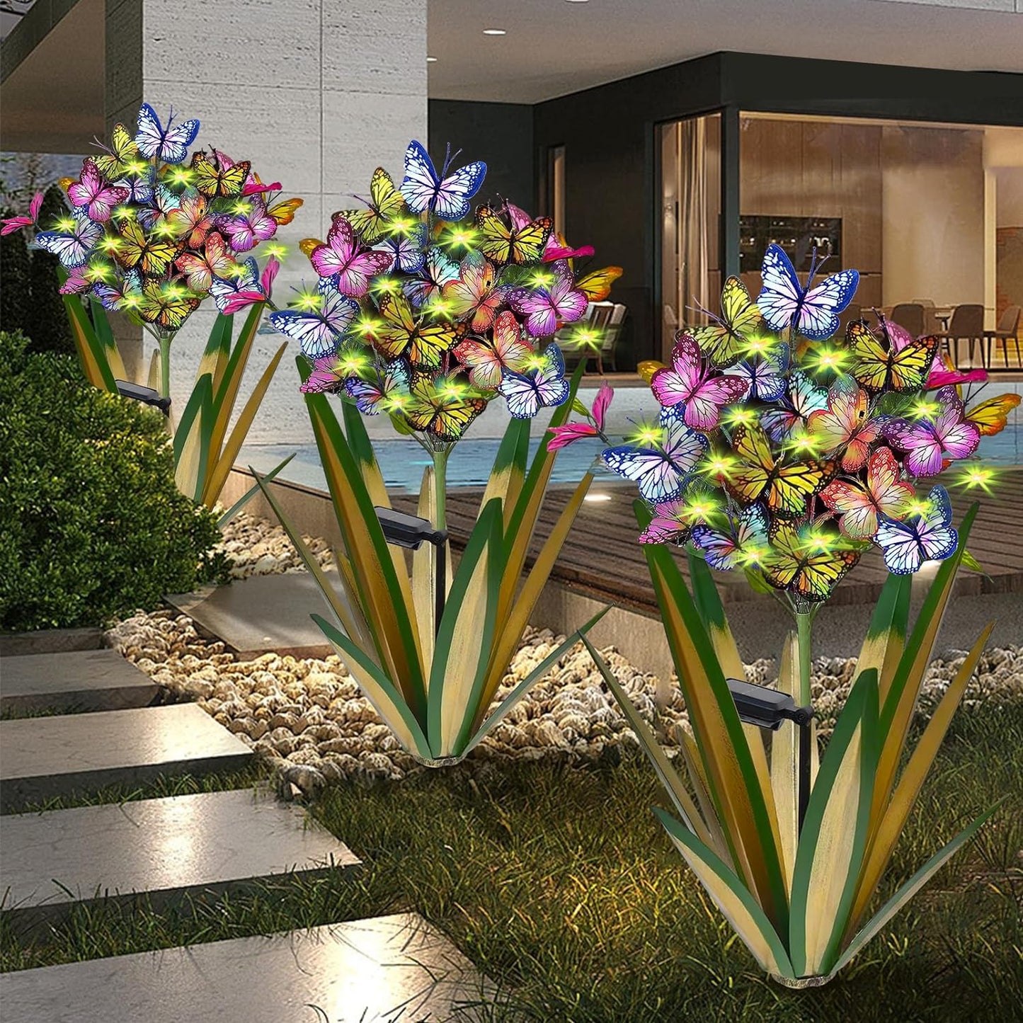 Solar Metal Agave Butterfly Flower Stick Garden Sculpture Set