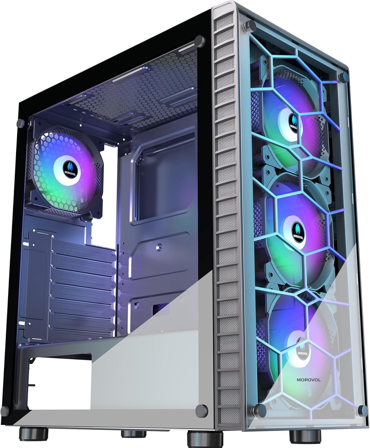 MOROVOL R7 ATX Gaming PC Case with 4 RGB Fans and Glass Panel