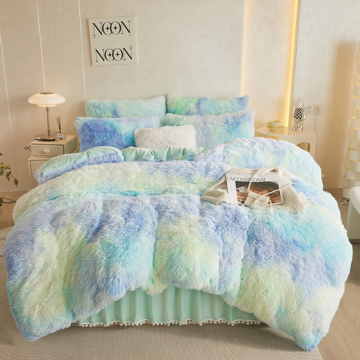 Furry Tie Dye Sage Green Comforter Cover Queen Set for Cozy Nights