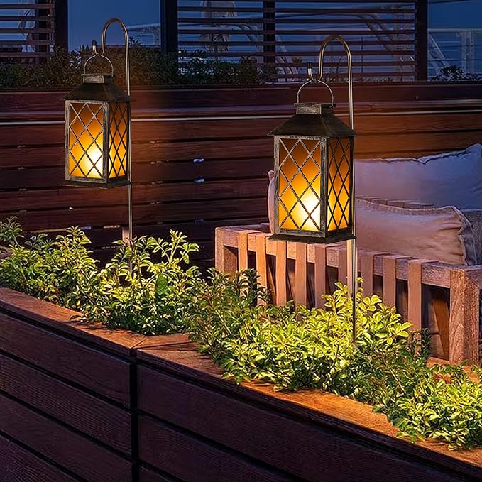 2Pack Solar Metal Hanging Lantern Flickering Flameless Candle