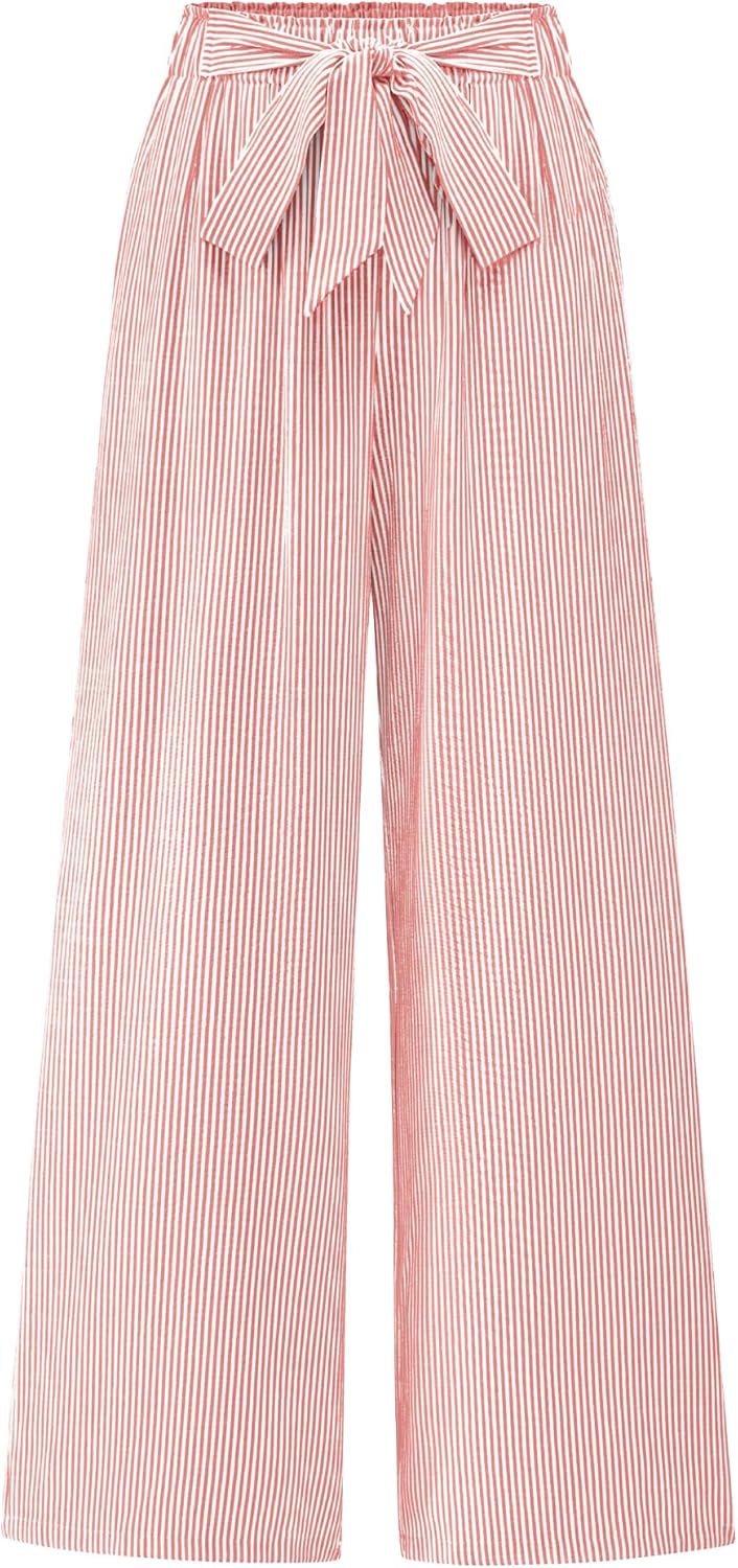 BTFBM Palazzo Pants for Women - Flowy Tie Knot Wide Leg Trousers