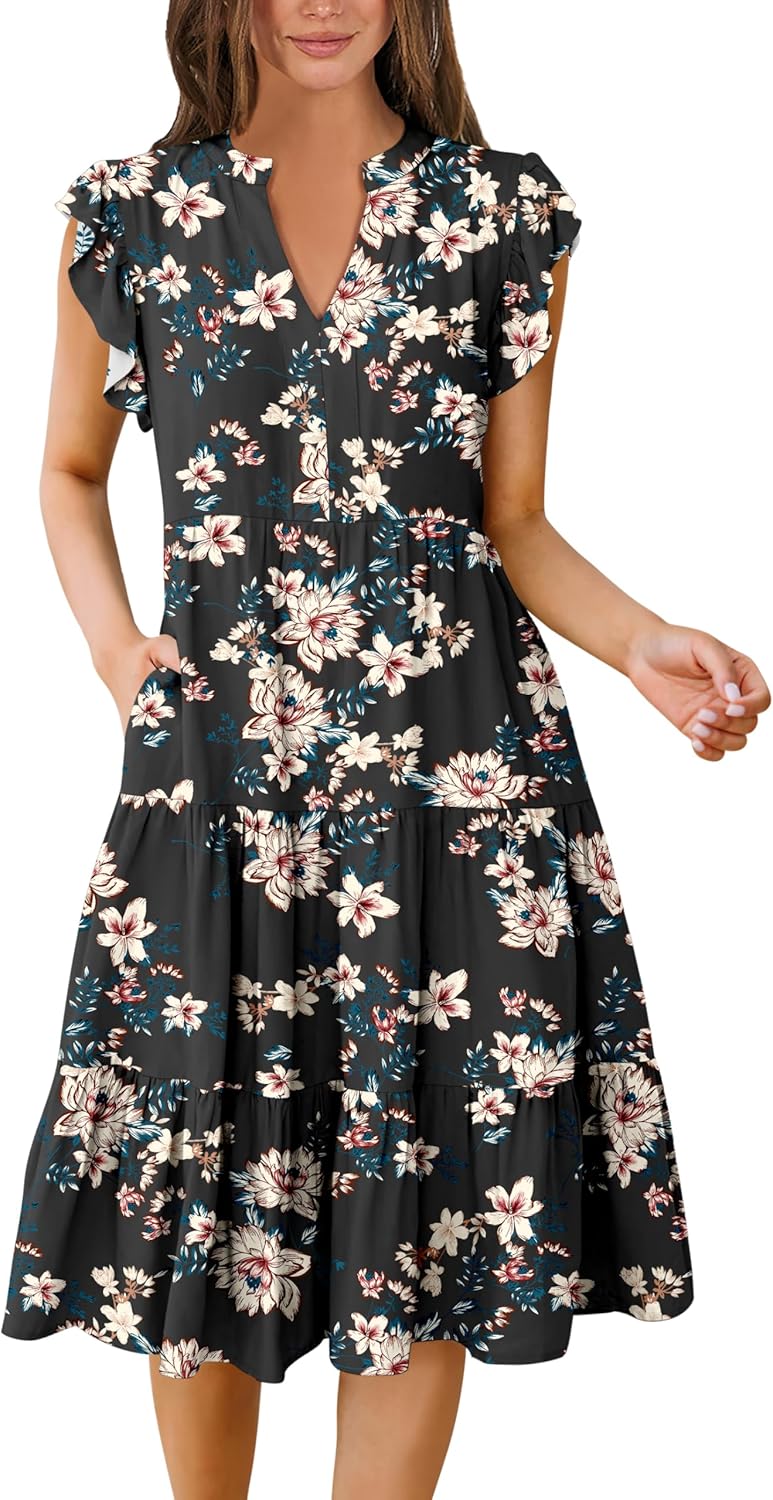 ANRABESS Womens Summer Dress Ruffle Sleeve V Neck Midi Style