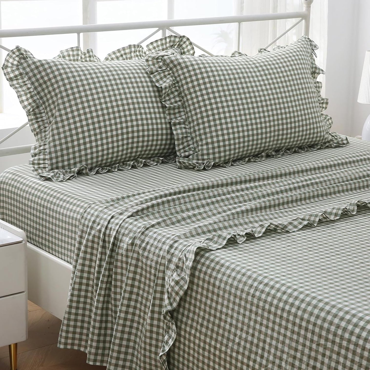 Sage Green White Plaid Ruffle Sheets Full Size 4-Piece Set