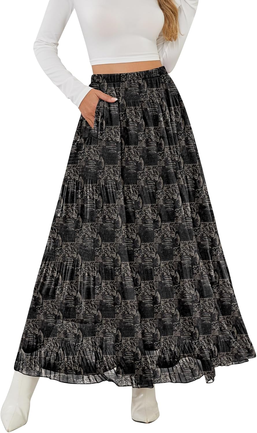 Women's Maxi Skirt with Pockets High Waisted A-Line Pleated